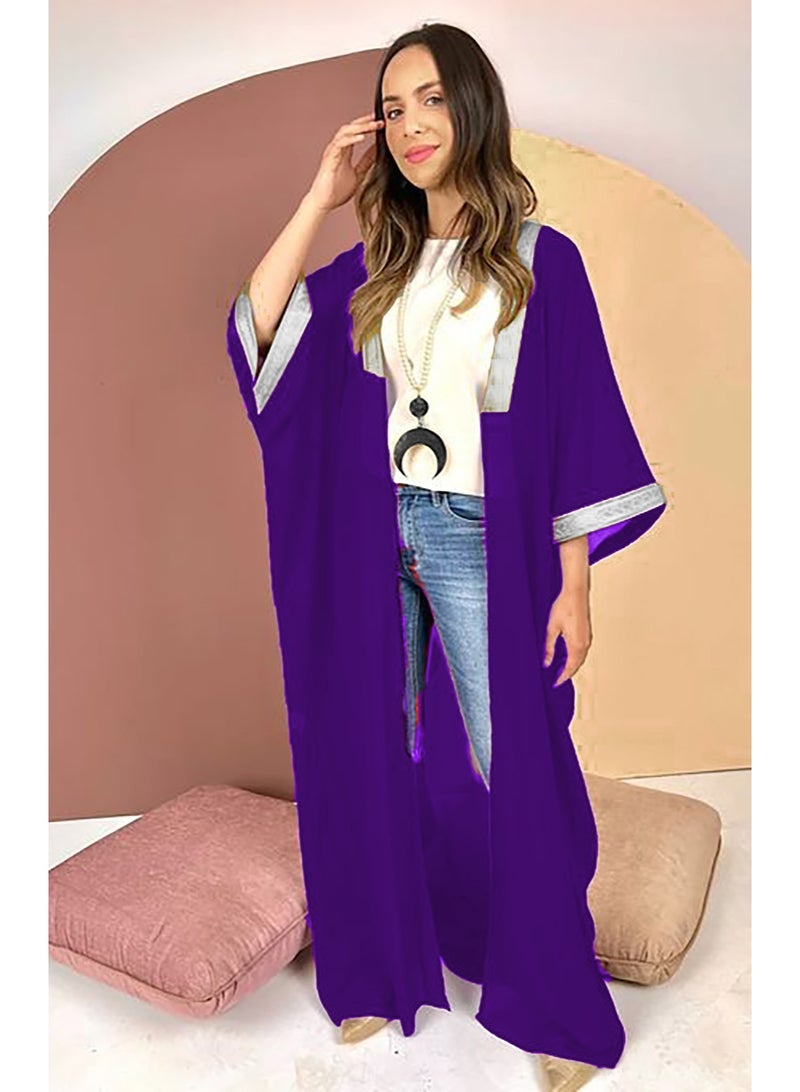 SunSet Kaftan Abaya Silver Embroidered Chiffon Sunset PURPLE - Image 4